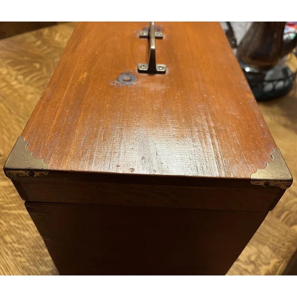 Vintage Pine Travel writing Desk 15x8x10 Brass Closure Handle Corners Hinges